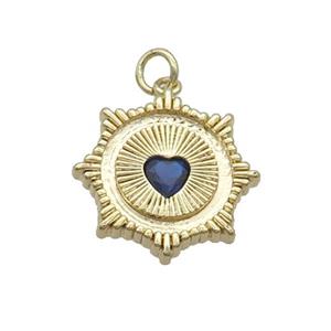 Copper Sun Pendant Pave Blue Crystal Heart Gold Plated, approx 20mm