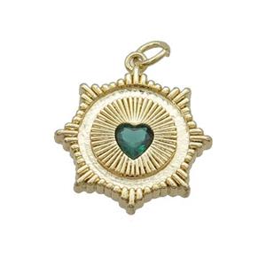 Copper Sun Pendant Pave Green Crystal Heart Gold Plated, approx 20mm