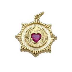 Copper Sun Pendant Pave Red Crystal Heart Gold Plated, approx 20mm