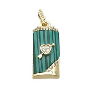 Copper Rectangle Pendant Pave Zircon Malachite Gold Plated, approx 11-28mm, 7mm