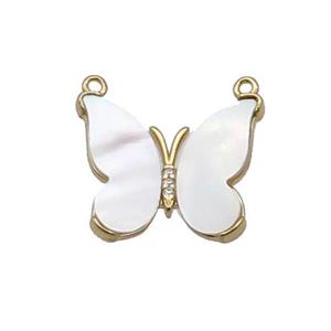 Copper Butterfly Pendant Pave White Shell Gold Plated, approx 18-20mm