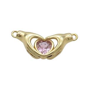 Copper Hand Heart Pendant Pave Pink Crystal 2loops Gold Plated, approx 10-20mm