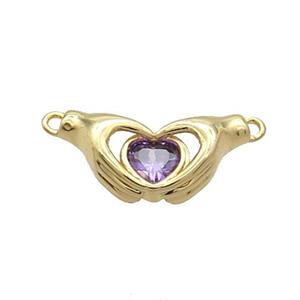 Copper Hand Heart Pendant Pave Purple Crystal 2loops Gold Plated, approx 10-20mm
