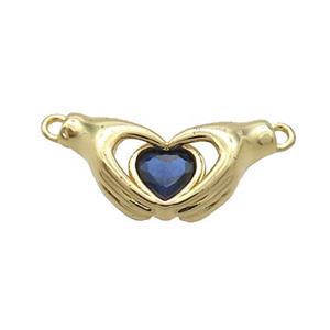 Copper Hand Heart Pendant Pave Blue Crystal 2loops Gold Plated, approx 10-20mm