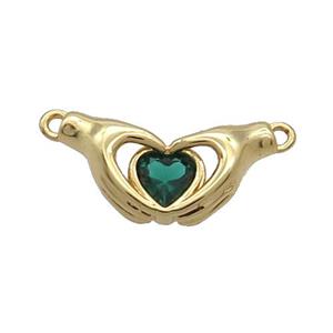 Copper Hand Heart Pendant Pave Green Crystal 2loops Gold Plated, approx 10-20mm