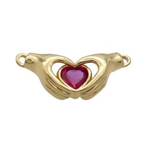 Copper Hand Heart Pendant Pave Red Crystal 2loops Gold Plated, approx 10-20mm