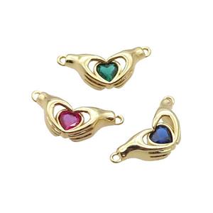 Copper Hand Heart Pendant Pave Crystal 2loops Gold Plated Mixed, approx 10-20mm