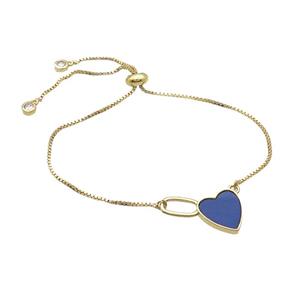 Copper Bracelet Blue Lapis Heart Adjustable Gold Plated, approx 12-20mm, 22cm length