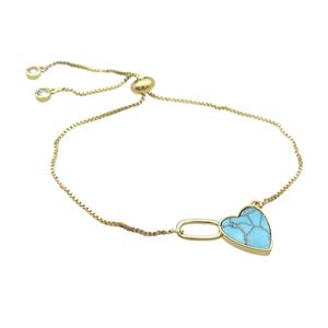 Copper Bracelet Blue Turquoise Heart Adjustable Gold Plated, approx 12-20mm, 22cm length