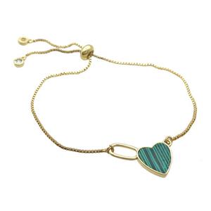 Copper Bracelet Green Malachite Heart Adjustable Gold Plated, approx 12-20mm, 22cm length