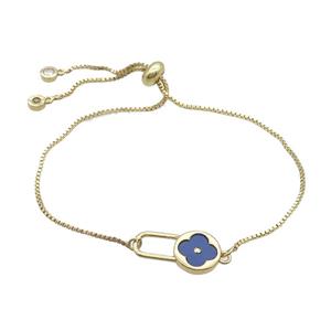 Copper Bracelet Blue Lapis Clover Adjustable Gold Plated, approx 10-18mm, 22cm length