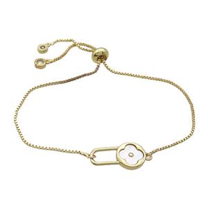 Copper Bracelet White Shell Clover Adjustable Gold Plated, approx 10-18mm, 22cm length