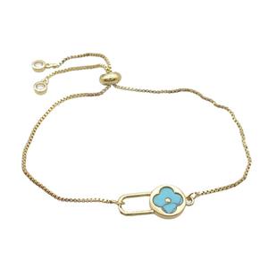 Copper Bracelet Blue Turquoise Clover Adjustable Gold Plated, approx 10-18mm, 22cm length