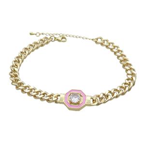Copper Bracelet Pave Crystal Pink Enamel Gold Plated, approx 14mm, 7mm, 21-26cm length