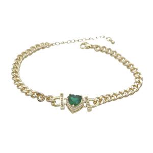 Copper Bracelet Pave Green Crystal Heart Gold Plated, approx 11mm, 7mm, 21-26cm length