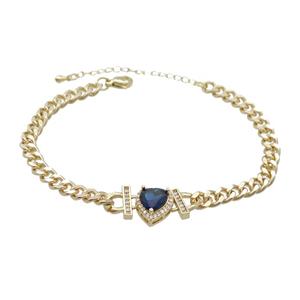 Copper Bracelet Pave Blue Crystal Heart Gold Plated, approx 11mm, 7mm, 21-26cm length