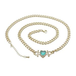 Copper Necklace Pave Aqua Crystal Heart Gold Plated, approx 11mm, 7mm, 47-52cm length
