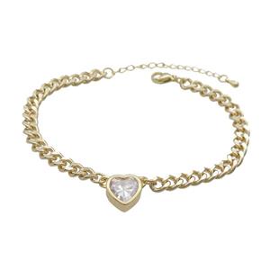 Copper Bracelet Pave Clear Crystal Heart Gold Plated, approx 11mm, 7mm, 21-26cm length