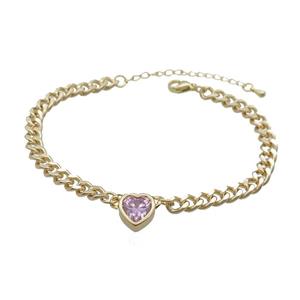 Copper Bracelet Pave Pink Crystal Heart Gold Plated, approx 11mm, 7mm, 21-26cm length