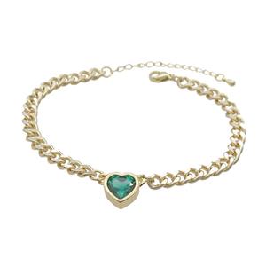Copper Bracelet Pave Green Crystal Heart Gold Plated, approx 11mm, 7mm, 21-26cm length