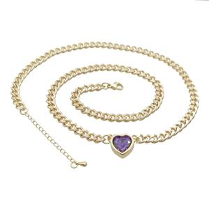 Copper Necklace Pave Purple Crystal Heart Gold Plated, approx 11mm, 7mm, 47-52cm length