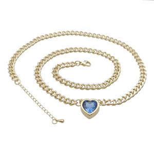 Copper Necklace Pave Blue Crystal Heart Gold Plated, approx 11mm, 7mm, 47-52cm length