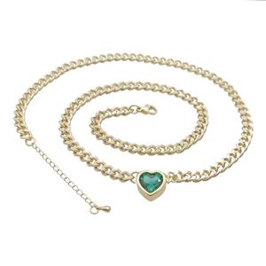 Copper Necklace Pave Green Crystal Heart Gold Plated, approx 11mm, 7mm, 47-52cm length