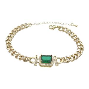 Copper Bracelet Pave Green Crystal Rectangle Gold Plated, approx 11-13mm, 5.5mm, 21-26cm length