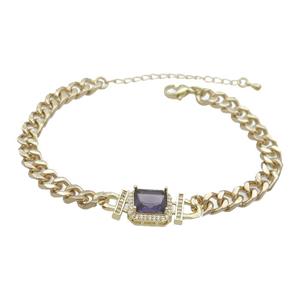 Copper Bracelet Pave Purple Crystal Rectangle Gold Plated, approx 11-13mm, 5.5mm, 21-26cm length
