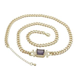 Copper Necklace Pave Purple Crystal Rectangle Gold Plated, approx 11-13mm, 5.5mm, 47-52cm length