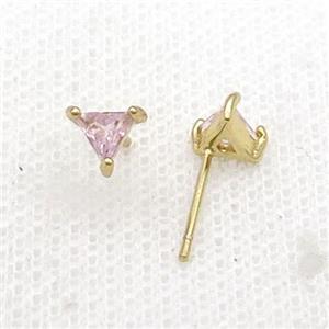 Copper Stud Earring Pave Zircon Pink Crystal Triangle Gold Plated, approx 6mm