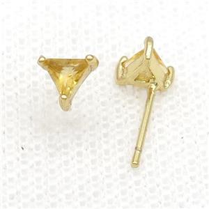 Copper Stud Earring Pave Zircon Yellow Crystal Triangle Gold Plated, approx 6mm