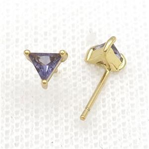 Copper Stud Earring Pave Zircon Purple Crystal Triangle Gold Plated, approx 6mm