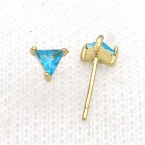Copper Stud Earring Pave Zircon Aqua Crystal Triangle Gold Plated, approx 6mm
