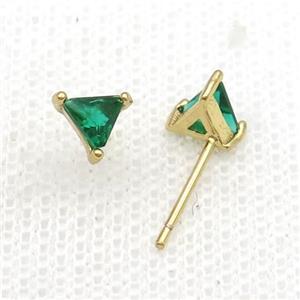 Copper Stud Earring Pave Zircon Green Crystal Triangle Gold Plated, approx 6mm