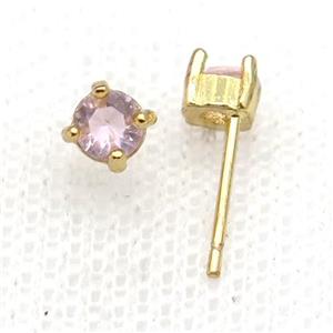 Copper Stud Earring Pave Zircon Pink Crystal Gold Plated, approx 4mm