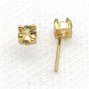Copper Stud Earring Pave Zircon Yellow Crystal Gold Plated, approx 4mm