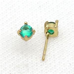 Copper Stud Earring Pave Zircon Green Crystal Gold Plated, approx 4mm