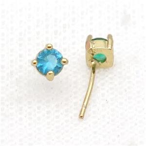 Copper Stud Earring Pave Zircon Aqua Crystal Gold Plated, approx 4mm