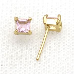 Copper Stud Earring Pave Zircon Pink Crystal Square Gold Plated, approx 5mm