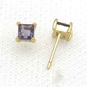 Copper Stud Earring Pave Zircon Purple Crystal Square Gold Plated, approx 5mm