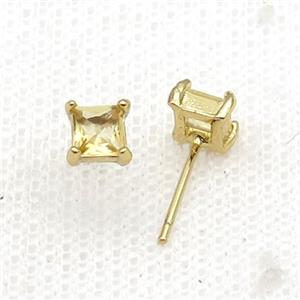 Copper Stud Earring Pave Zircon Yellow Crystal Square Gold Plated, approx 5mm