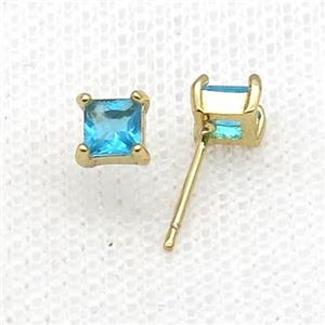 Copper Stud Earring Pave Zircon Aqua Crystal Square Gold Plated, approx 5mm