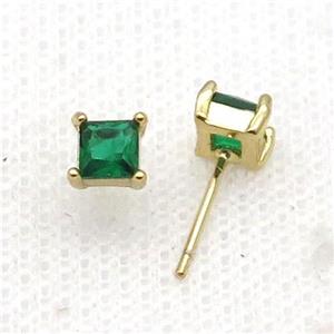 Copper Stud Earring Pave Zircon Green Crystal Square Gold Plated, approx 5mm