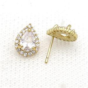 Copper Stud Earring Pave Zircon Clear Crystal Teardrop Gold Plated, approx 8-11mm