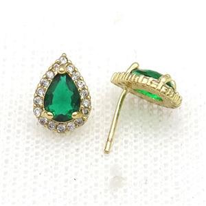 Copper Stud Earring Pave Zircon Green Crystal Teardrop Gold Plated, approx 8-11mm