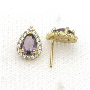 Copper Stud Earring Pave Zircon Purple Crystal Teardrop Gold Plated, approx 8-11mm