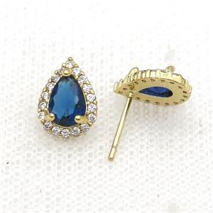 Copper Stud Earring Pave Zircon Blue Crystal Teardrop Gold Plated, approx 8-11mm
