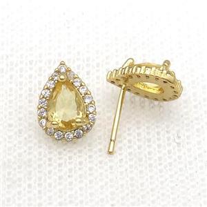 Copper Stud Earring Pave Zircon Yellow Crystal Teardrop Gold Plated, approx 8-11mm