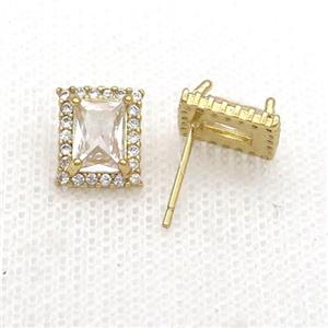 Copper Stud Earring Pave Zircon Clear Crystal Rectangle Gold Plated, approx 8-10mm